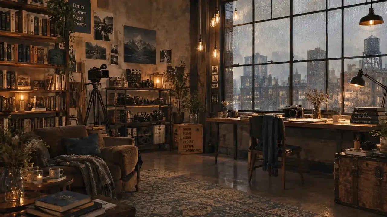 黄豆短剧原版工作室：暖光下的创作空间与雨天大窗外景